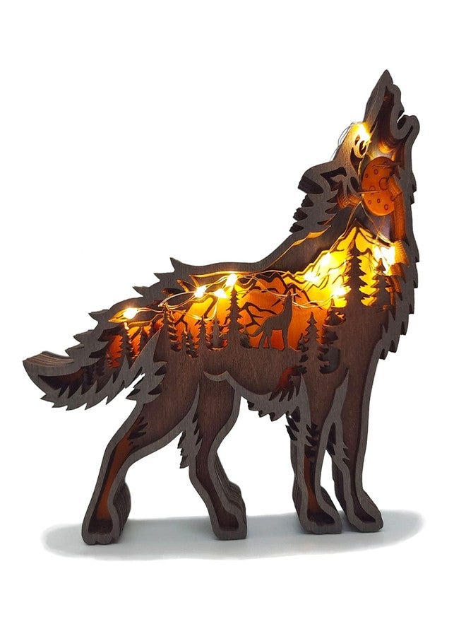 Zagxuade Wooden Wolf Decor with Light, Forest Animals Table Decor, Wooden Knick Knacks Decorations for Home - Image 1